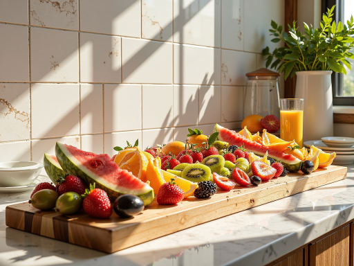 新鲜有机水果摆放在木制托盘上，包括苹果、梨子、葡萄等，果实饱满色泽鲜艳