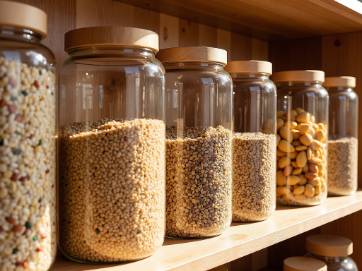 有机谷物装在透明玻璃瓶中，包括大米、小米、燕麦等，颗粒饱满，展示天然有机谷物