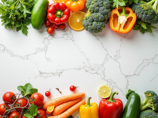 新鲜有机蔬菜装在竹篮中，绿色叶子，红色番茄，黄色胡萝卜，展示丰富的有机蔬菜品种